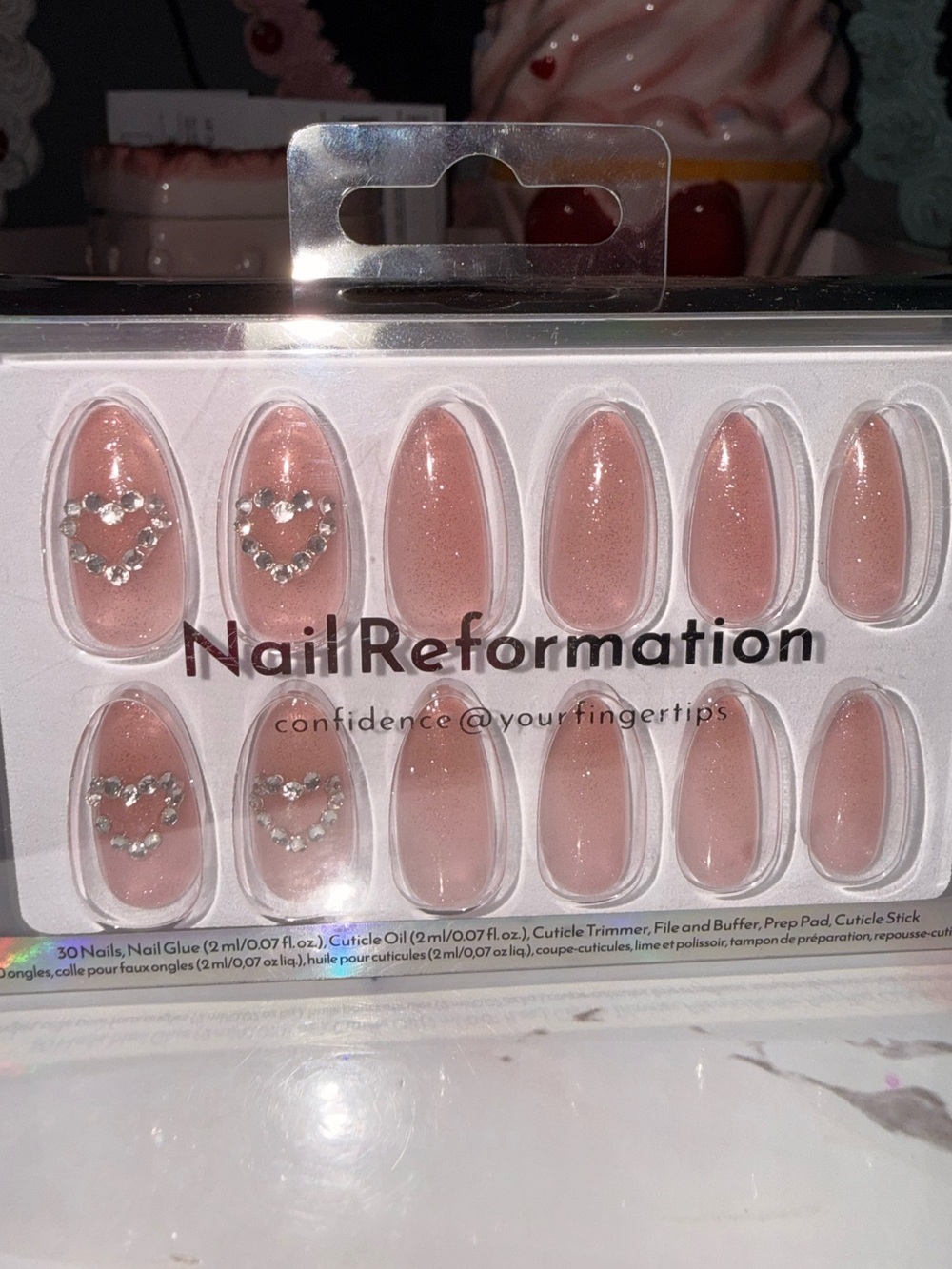 Nail Reformation Blush Pink Almond Press-On Nails with Rhinestone Hearts